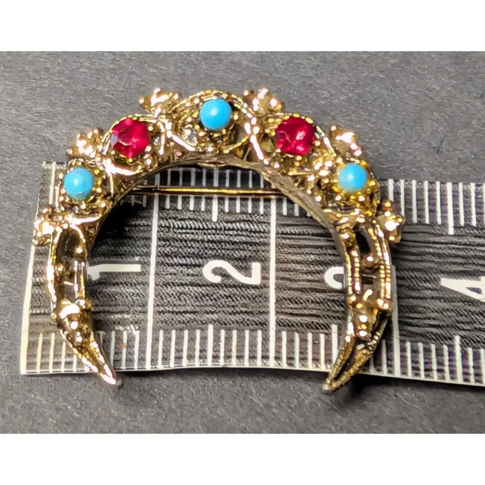 Vtg Gerry's Gold Tone Crescent Moon Brooch Pin Turquoise Ruby Red Rhinestones